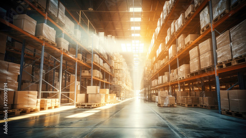 Large warehouse with many goods. Rows of shelves with boxes. Logistics. Inventory control, order fulfillment or space optimization. Illustration for advertising, marketing or presentation. © Anoo