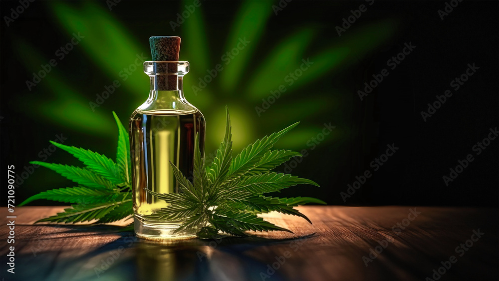 Glass bottle with hemp oil. Medicinal properties of marijuana. Close-up of cannabis extract for smoking. Glass bottle with hemp oil. Medicinal properties of marijuana. Close-up of cannabis extract for smoking.