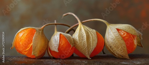 Physalis peruviana, a plant that thrives in long warm summers, has velvet leaves and eventually yields an orange fruit encased in a dried calyx similar to a lantern. photo