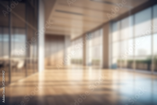 Blurred background of modern office with panoramic windows in pleasant natural beige and brown tones.
