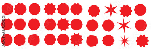 Starburst red sticker set - collection of special offer sale round and oval sunburst labels and buttons isolated on white background. Stickers and badges with star edges for promo advertising