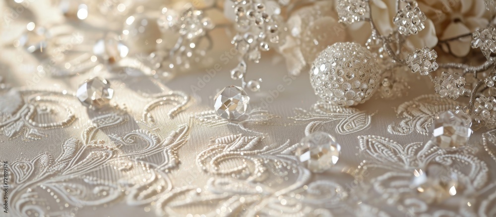 Patterned white tablecloth adorned with crystal faceted balls. Patterned white tablecloth adorned with crystal faceted balls.