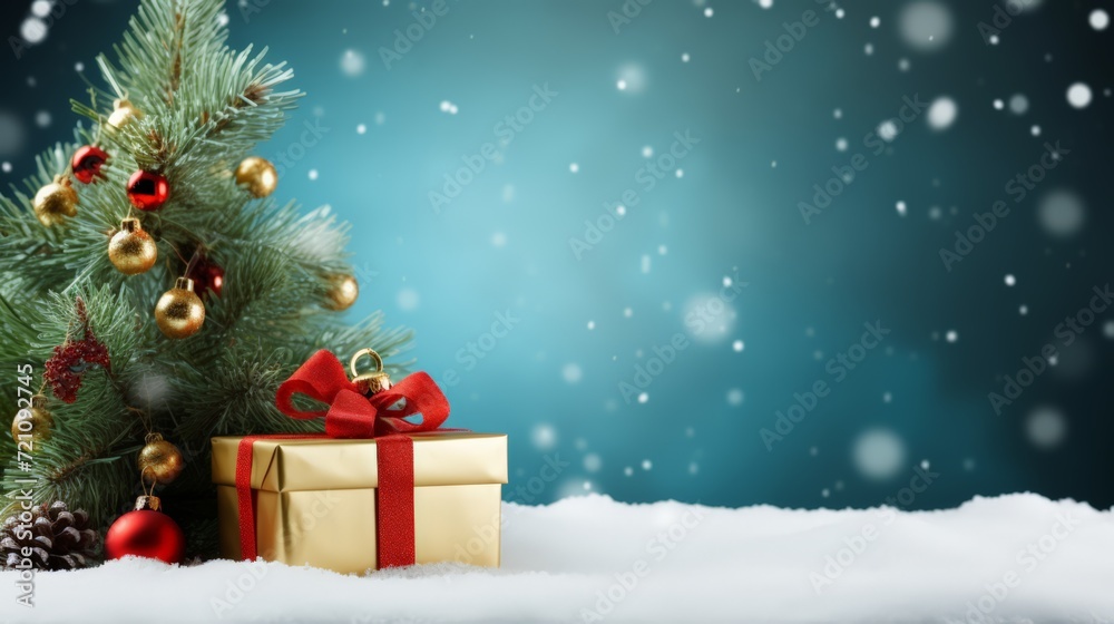 A snowy background with white space and a gift box and ornament.