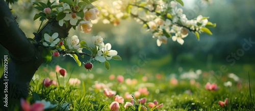 Lush Green Grass, Petals Blossom on the Apple Tree Amongst a Lot of Vibrant Blossom Petals and Lush Green Grass. photo