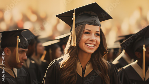 education, graduation and people concept - group of smiling students in mortarboard and bachelor gowns. happy graduate girl in cap and gown with diploma at graduation ceremony outdoors. happy students