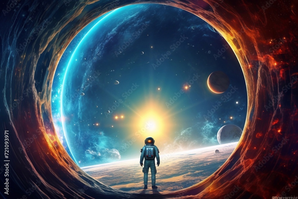 Astronaut cosmonaut discovery of new worlds of galaxies panorama, fantasy portal to far universe. Astronaut space exploration, gateway to another universe