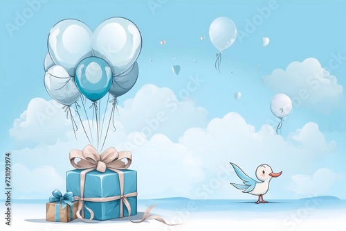  Baby shower banner invitation card with stork carrying a cute baby in a bag on blue sky background for greeting cards, children's album, invite birthday party, kid poster, It's a boy. vector