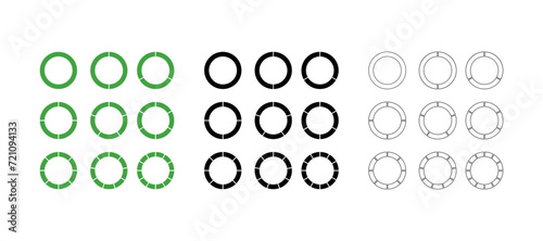 Circles divided in segments vector icons isolated on white background. Simple business chart examples.