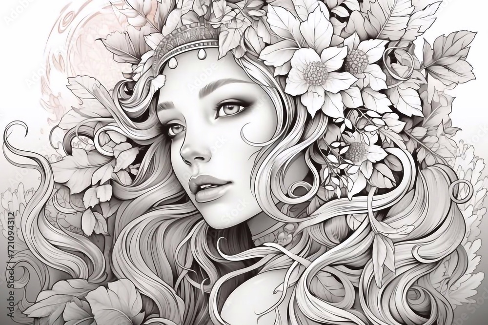 
Beautiful girl with flowers in her hair. Line art vector. Coloring book page for adults