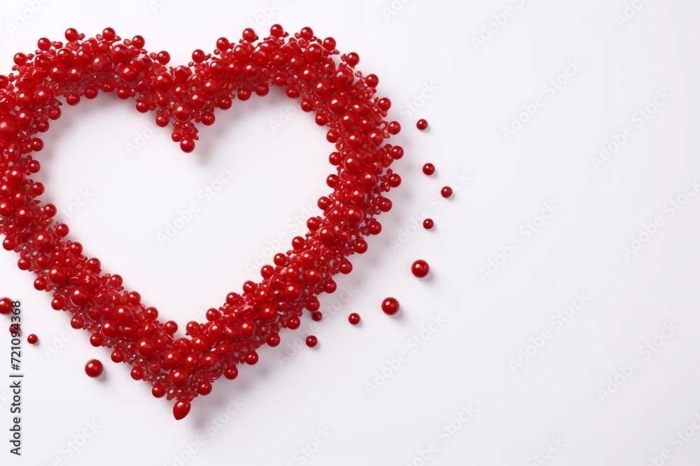 
Big red braided heart on white background with red and white beads: place for text, Valentine's Day background or cardiology, healthy heart. Hand Made Valentine heart background