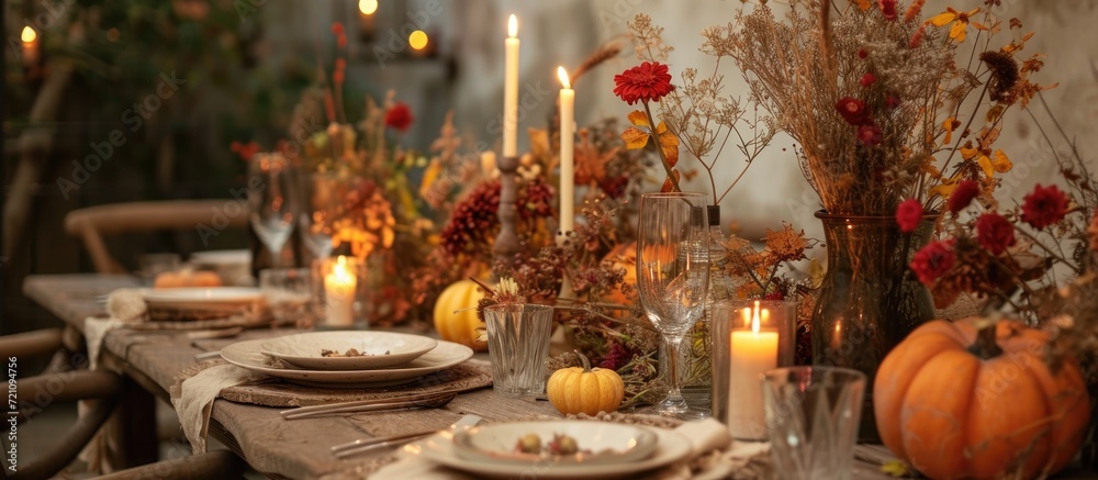 Rustic fall decor with candles, dry flowers, and pumpkins for an elegant autumn table setting.