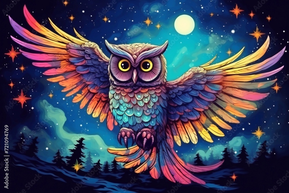 colorful owl flies in the night starry sky
