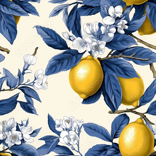 elegantvintage style lemon with leaves sketch in blue theme photo