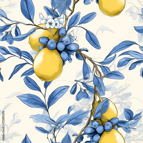elegantvintage style lemon with leaves sketch in blue theme photo