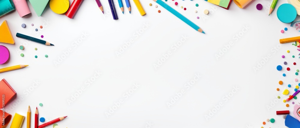 Back to school essentials: double-sided border of school supplies on white lined paper banner – top view with ample copy space Back to school essentials: double-sided border of school supplies on white lined paper banner – top view with ample copy space
