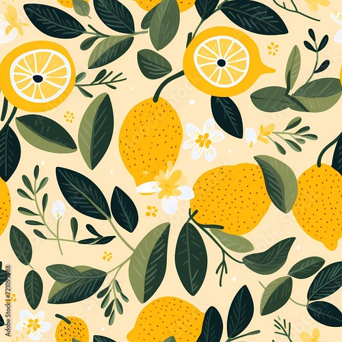 bright and simple watercolor lemon with leaves seamless pattern