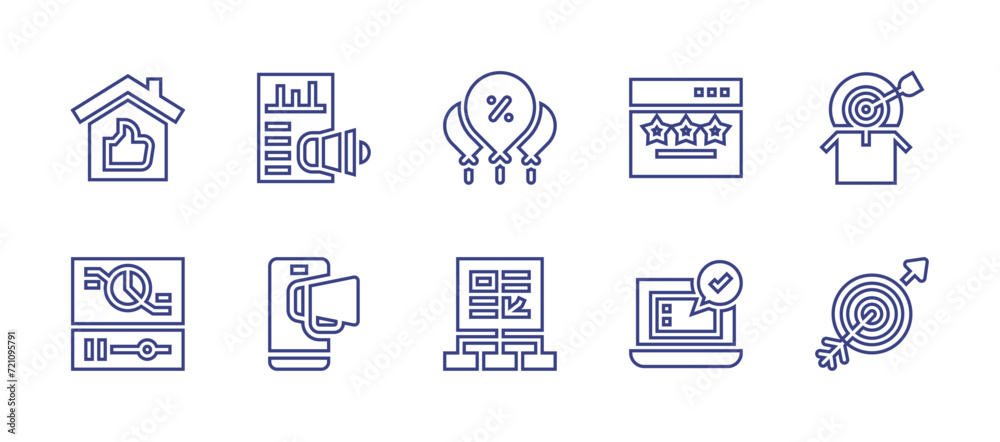 Marketing line icon set. Editable stroke. Vector illustration. Containing property, content, video marketing, digital marketing, balloons, rating, target, project, check, goal.