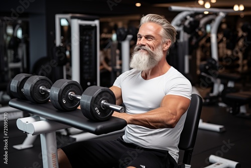 Happy middle-aged man with a radiant smile confidently lifting dumbbells at a well-equipped gym
