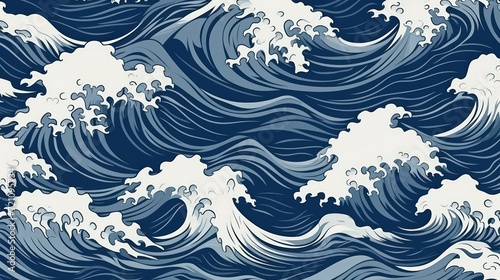 Big Blue Wave Japanese Seamless Pattern Background