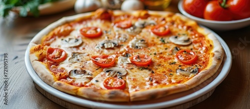 Delicious Italian dinner: Tomato mushroom cheese pizza on white plate, wood-fired and served on stone table.