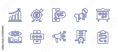 Marketing line icon set. Editable stroke. Vector illustration. Containing target, mobile marketing, social marketing, growth, analyze, rating, megaphone, strategy, membership.