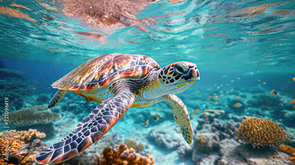 Fototapeta premium A graceful sea turtle is swimming near the vibrant coral reef, surrounded by tropical fish, under the glistening sunlit ocean surface.