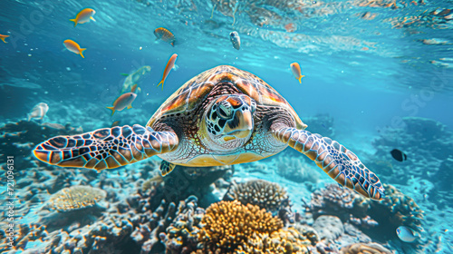 A graceful sea turtle is swimming near the vibrant coral reef, surrounded by tropical fish, under the glistening sunlit ocean surface. © Kowit