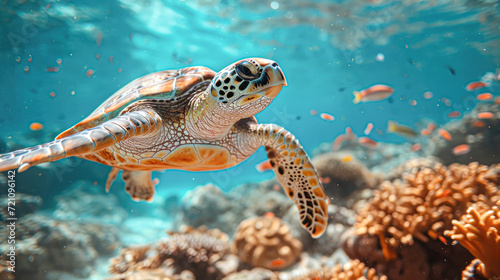 A graceful sea turtle is swimming near the vibrant coral reef, surrounded by tropical fish, under the glistening sunlit ocean surface. © Kowit