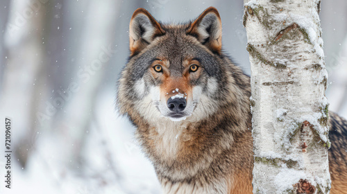 Intense gaze of a grey wolf standing among white birch trees in a snow-covered forest, showcasing wild beauty.