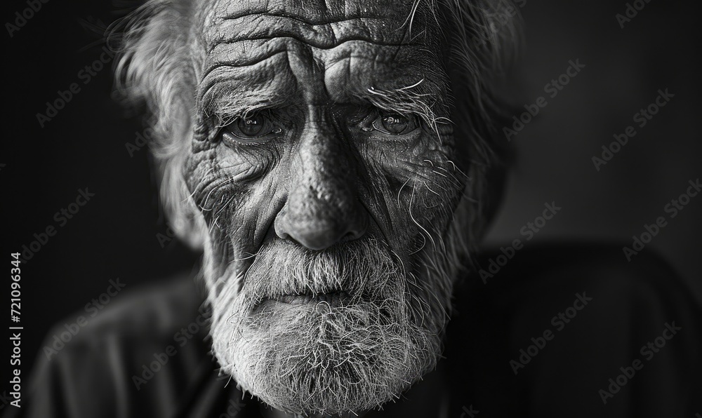 Old man face in black white color. Detail of wrinkles on senior skin or face