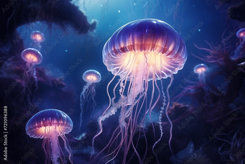 
Glowing jellyfish swim deep in blue sea. Medusa neon jellyfish fantasy in space cosmos among stars