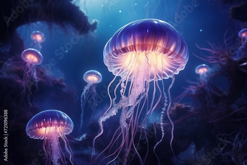  Glowing jellyfish swim deep in blue sea. Medusa neon jellyfish fantasy in space cosmos among stars
