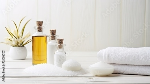 beauty treatment items for spa procedures on white wooden table. massage stones, essential oils and sea salt 