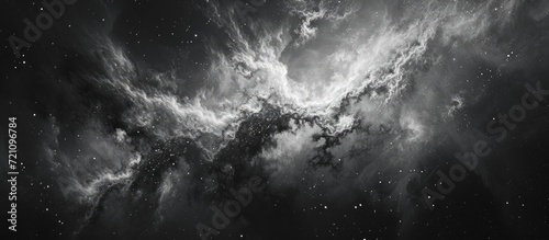 Space artwork with abstract watercolor background and fractal render, emphasizing dark matter in black and white.