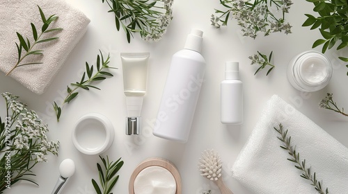 lsolated blank white skincare product set, no label or logo, surrounded bynatural items, marketing mockup, marketing concept  photo