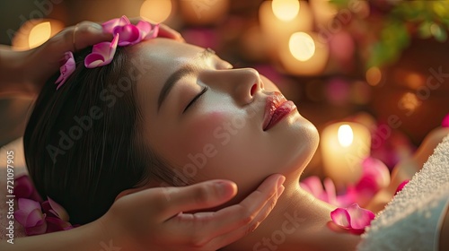 massage room,light form cndle,pink lotus petals,thai girls being head massaged,closeup shot,portait,realistic  photo