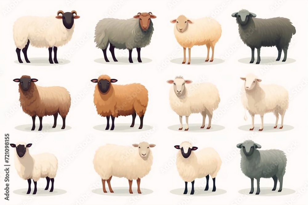 Fototapeta premium Set of male and female farm animals. Sheep, ram and lamb icons. Wool and meat production. Sheeps in different poses isolated on white background. Vector flat or cartoon illustration