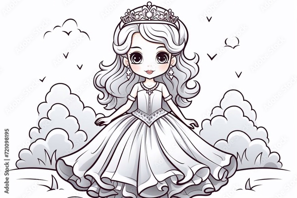 Flat vector illustration of a cute princess with clean lines and a lush dress. A simple children's coloring book. Flat vector illustration of a cute princess with clean lines and a lush dress. A simple children's coloring book.