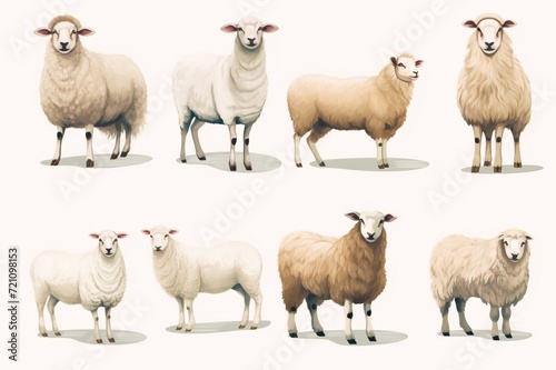 Set of male and female farm animals. Sheep  ram and lamb icons. Wool and meat production. Sheeps in different poses isolated on white background. Vector flat or cartoon illustration