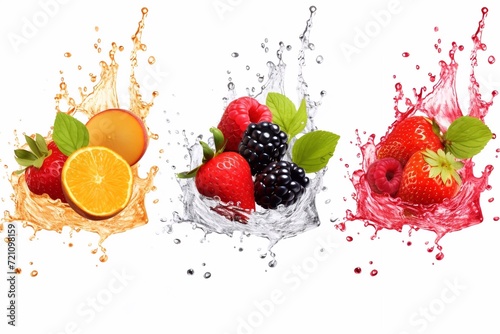 Set of labels of of fruit in juice splashes. Mango  strawberry  raspberry  blackberry