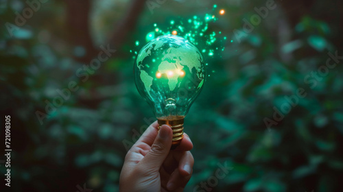Hand Holding a Glowing Earth Light Bulb.