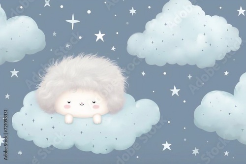 Sweet Dreams. Baby card and seamless vector pattern with cute hand drawn fluffy hedgehog, cloud and stars. Funny reversible print with white clouds isolated on light gray background, perfect for fabri photo