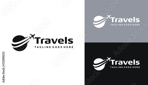 Simple Globe with Plane Tracks for Airplane Transport Logo Design and Global Distribution Access Worldwide