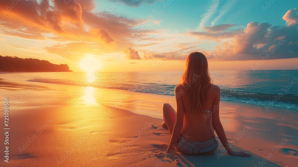 Woman Watching Sunset on Serene Beach.