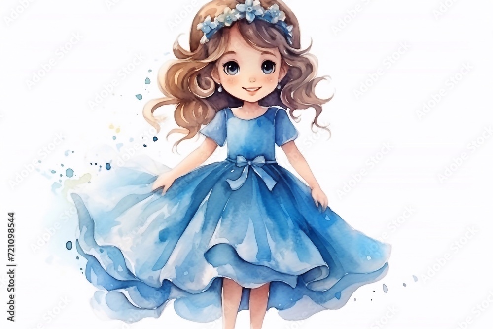 Watercolor Hand drawn illustration of a little princess in a blue dress.