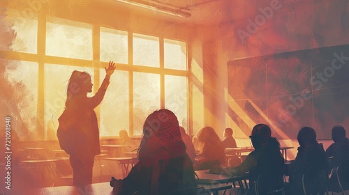 teacher giving a high five at classroom, in the style of reductionist form, texture-rich surfaces, hazy atmospheres, pont-aven school, solid and structured, whitcomb-girls, abrasive authenticity  photo