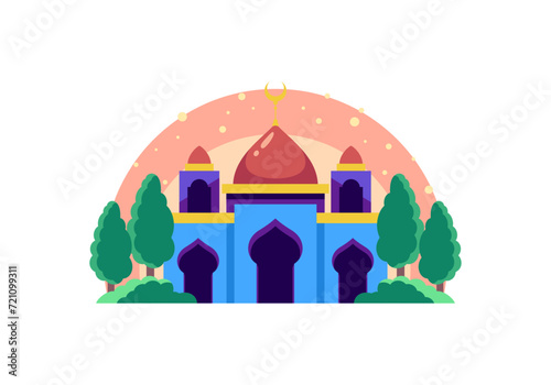 Simple Cute Small Blue Mosque With Trees Illustration