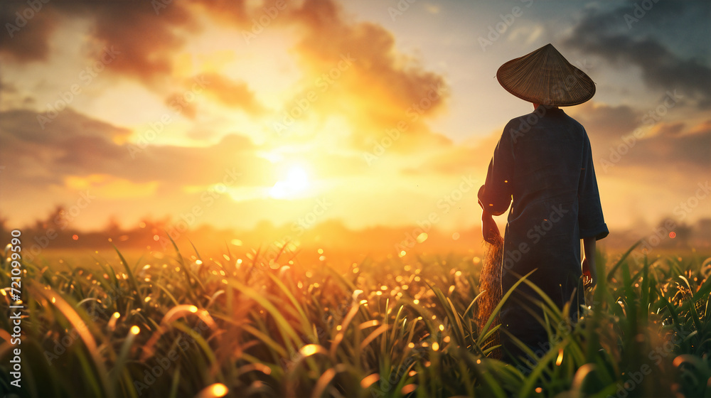 Fototapeta premium a farmer in rice field with natural on the background