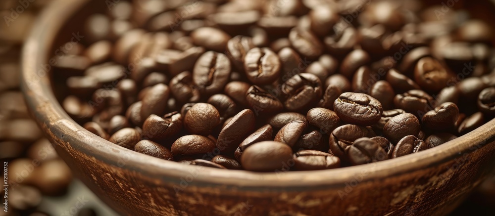 Fototapeta premium Deliciously Roasted Coffee Beans Overflowing in a Scrumptious Bowl of Roasted Coffee Beans