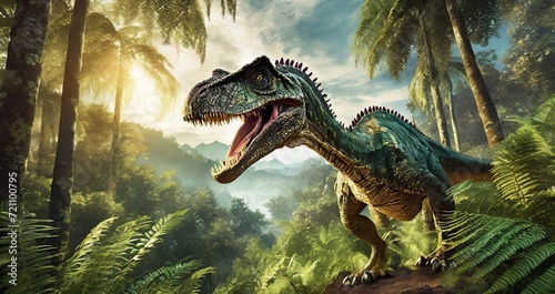 Ai generated Prehistoric Dinosaur close up image   Concept  ancient  jungle